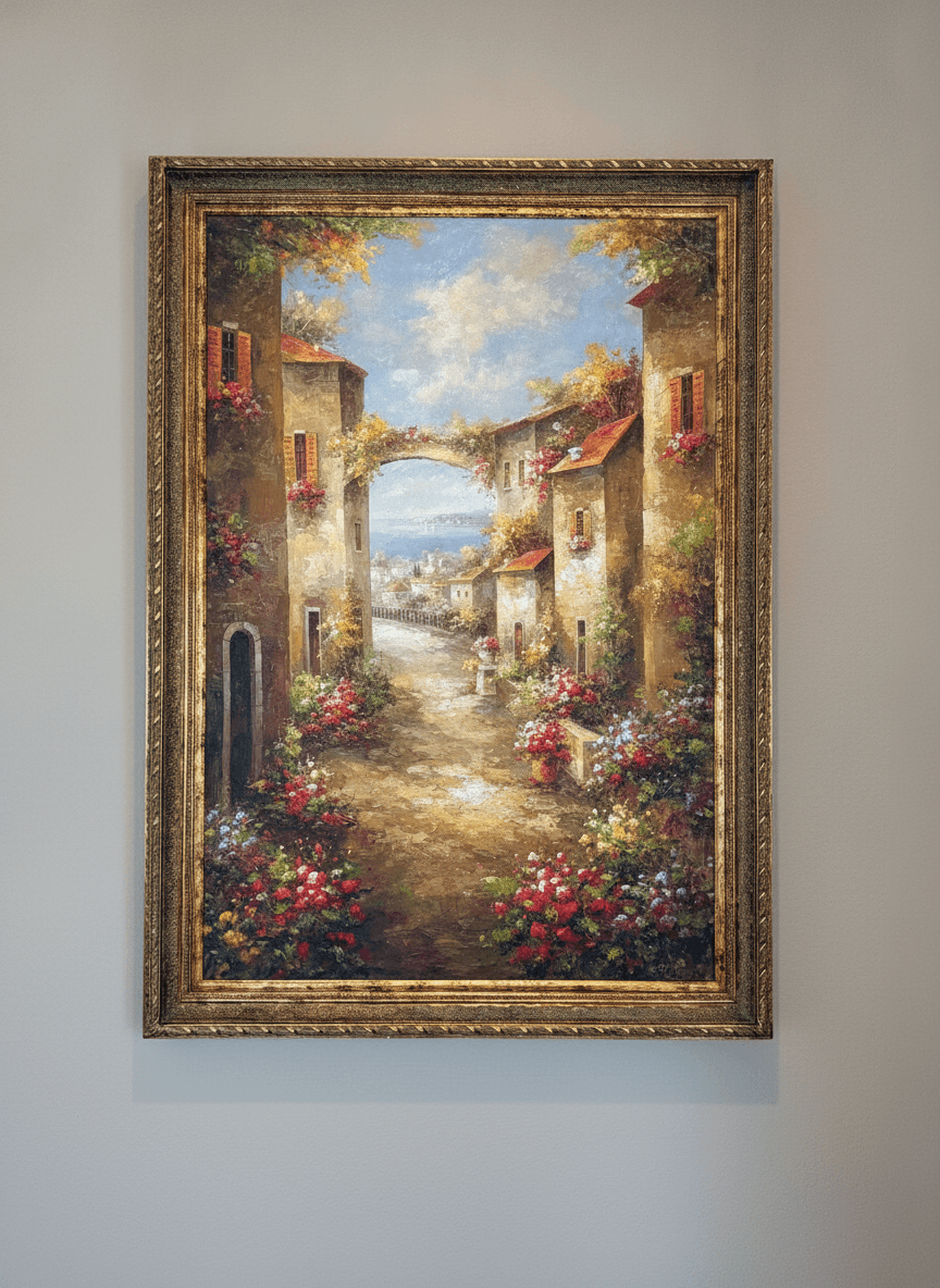 Large Tuscan Village Signed Oil Painting, Ornate Gold Frame