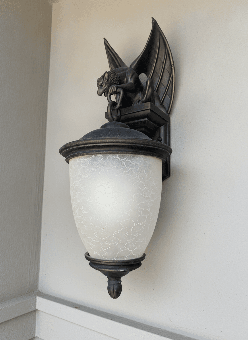 Gothic Gargoyle Outdoor Wall Lantern, Bronze w/ Crackle Glass Shade