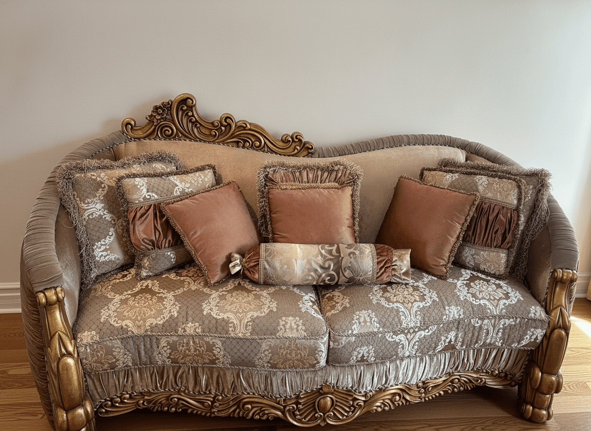 Homey Design HD-1601 Style Ornate Carved Gold Frame Sofa, Damask Upholstery