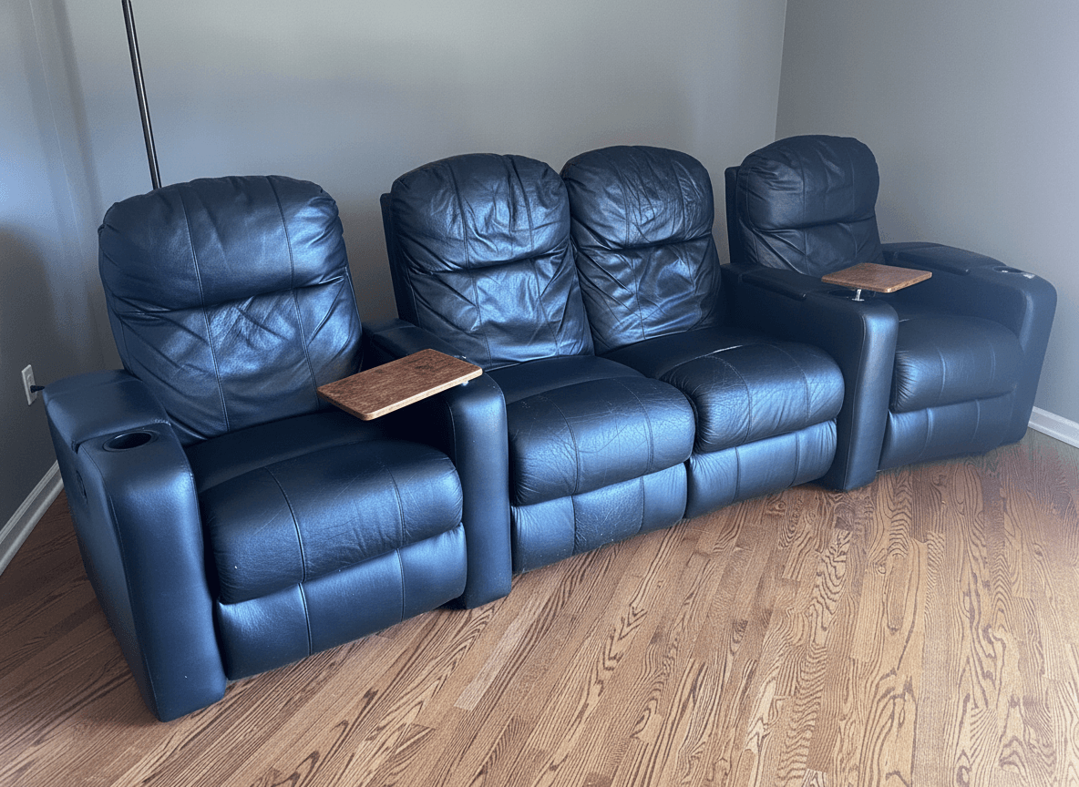 4-Seat Black Leather Home Theater Recliners w/ Cup Holders & Tray Tables