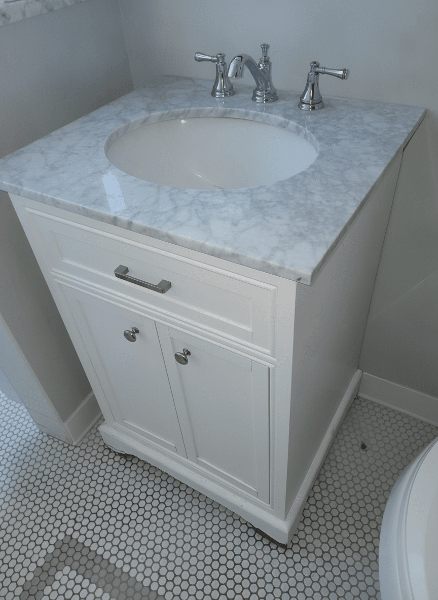 White Shaker Bath Vanity 24x34x21 w/ Carrara Marble Top & Chrome Widespread Faucet